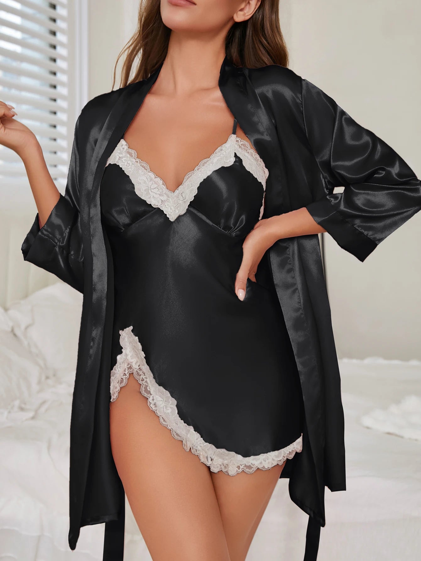 Lace Trim Loungewear Set V-Neck Camisole Belted Robe Two-Piece Sheer Sleepwear All Seasons