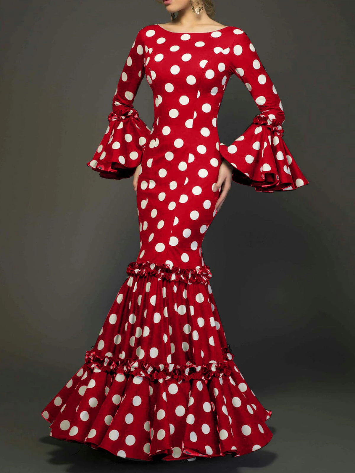 Elegant Ladies Dress Fashionable Trumpet Sleeves Polka Dot Decoration Cascading Ruffle Hem Sexy Fishtail Ladies Evening Dress