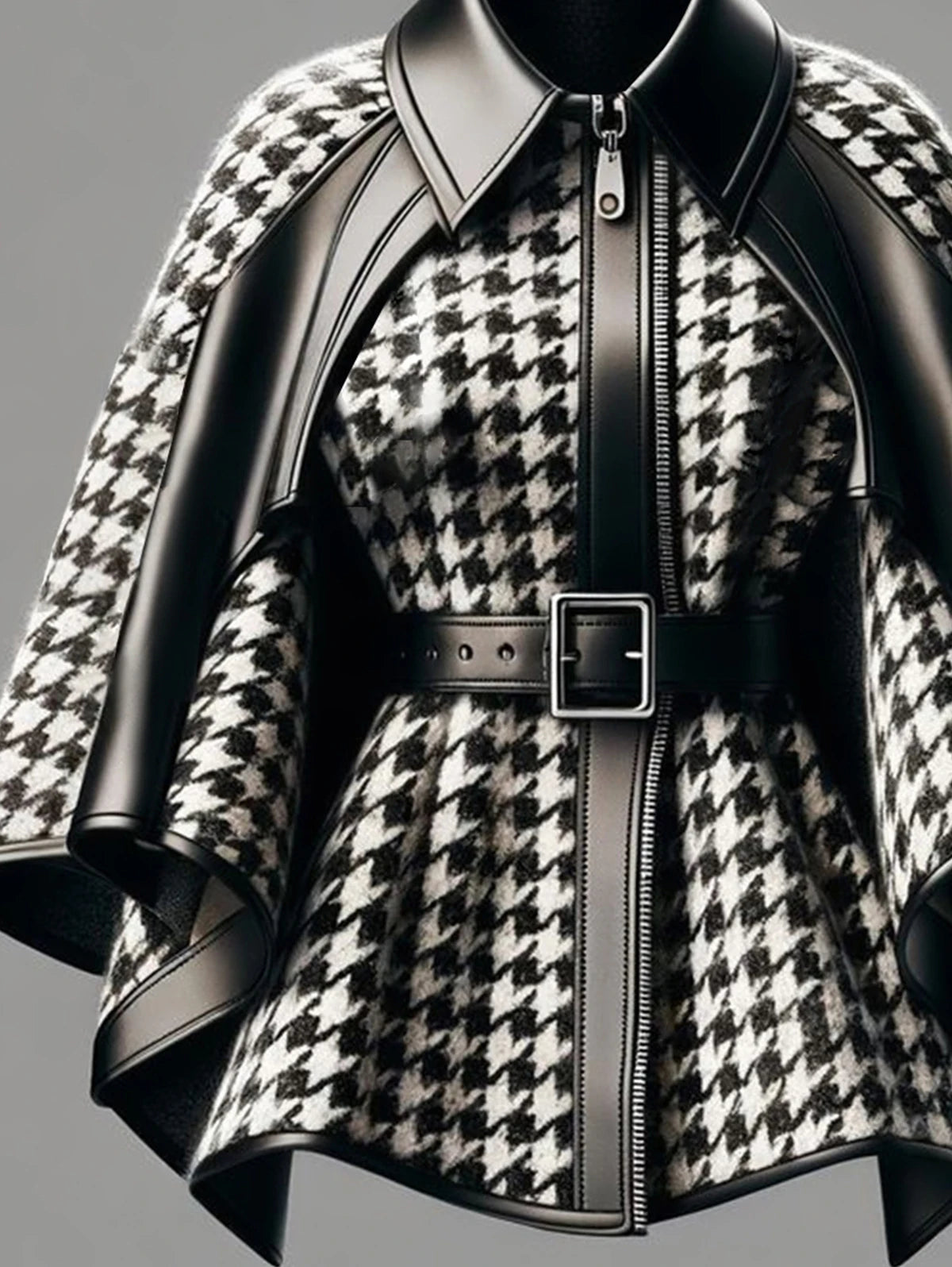 Houndstooth Pattern Women'S Jacket Asymmetrical Cape Sleeves Fashionable Harajuku Street Style Zipper Loose Jacket