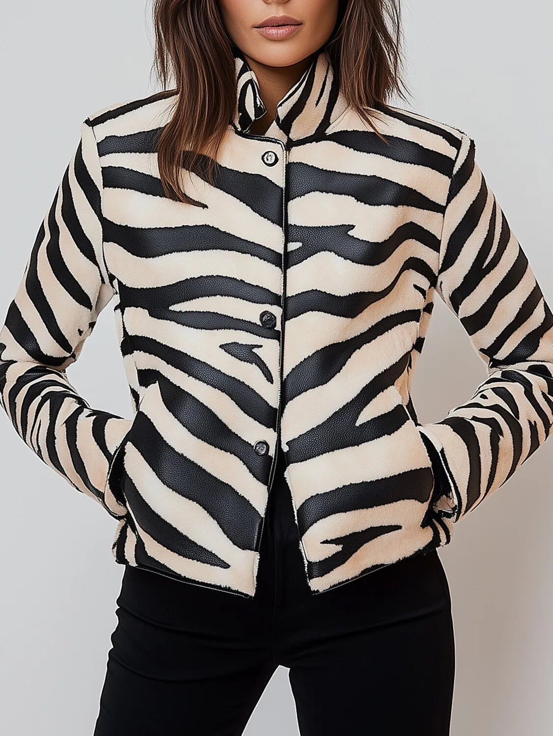 Women PU Leather Jacket Elegant Spring Autumn Zebra Stripes Stand Collar Button Pocket Jackets Cardigans Retro Coat Outwear Tops