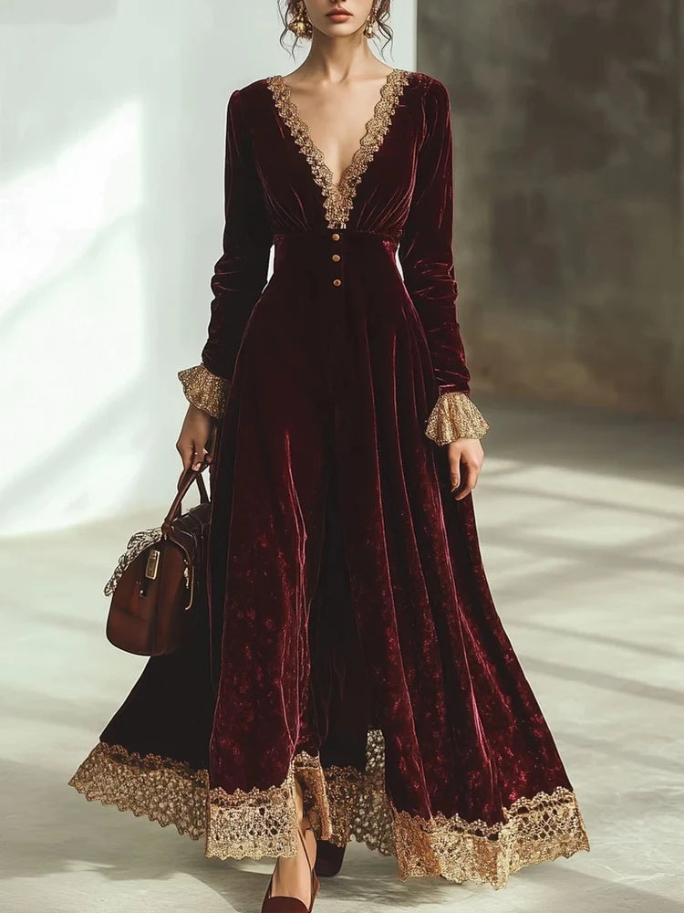 Vintage Velvet Dress for Women Solid Long Sleeves V Neck Button Lace Trim Maxi Dress Elegant Party Evening Dresses