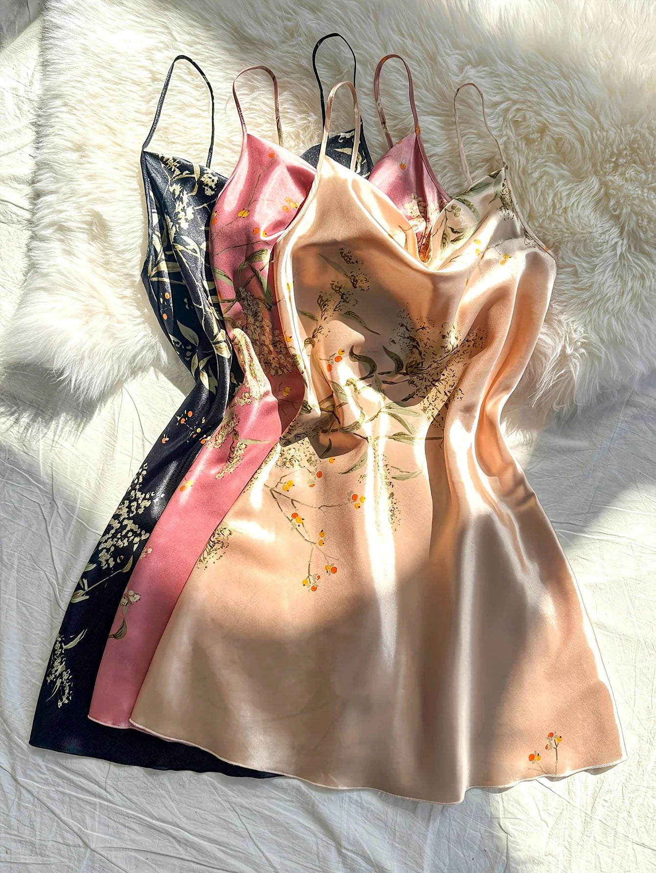 Three Piece Women's Elegant Printed Camisole Pajama Set Adjustable Spaghetti Strap Sexy Sleepwear for All Seasons Home Dress