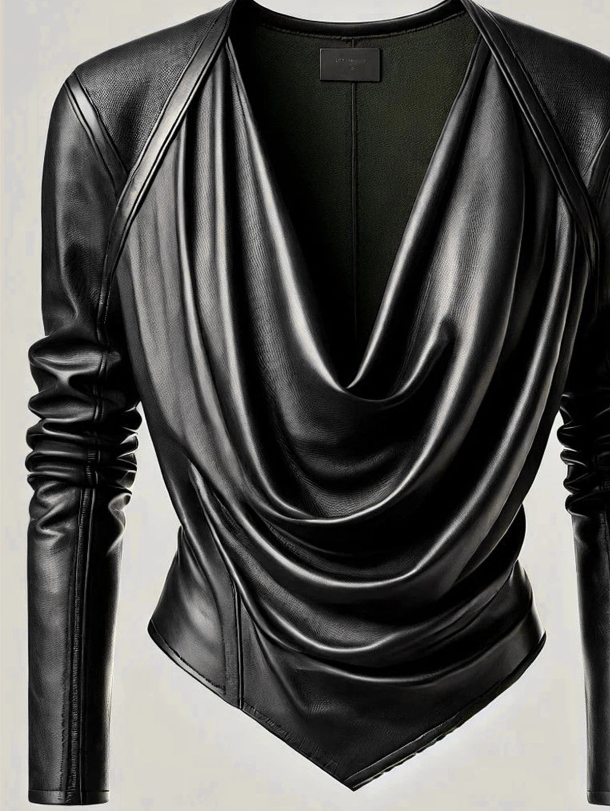 Women Cowl V Neck PU Leather Long Sleeve Blouse Cinched Irregular Hem Solid Leather T Shirt High Street Spring Streetwear