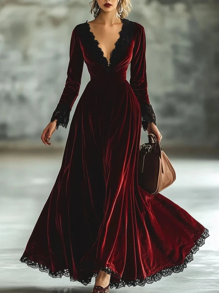 Autumn Women Dress Vintage Pleated V Neck Long Sleeve Velvet Lady Maxi Dress Solid Color Lace Stitching Slim Fit Female Dress