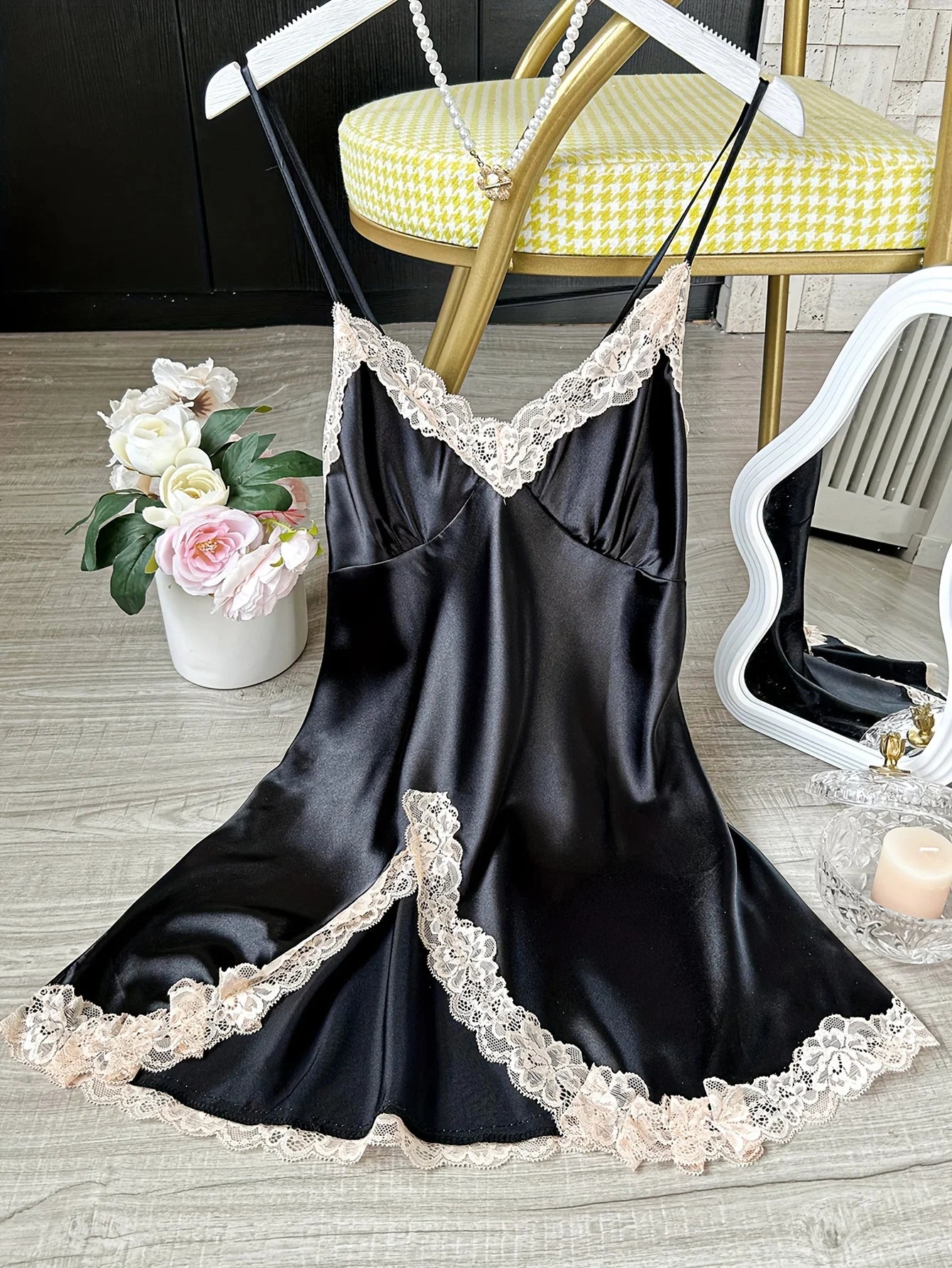 Women's Satin V-Neck Lace Trim Chemise 1-Pc Sexy Mini Nightdress