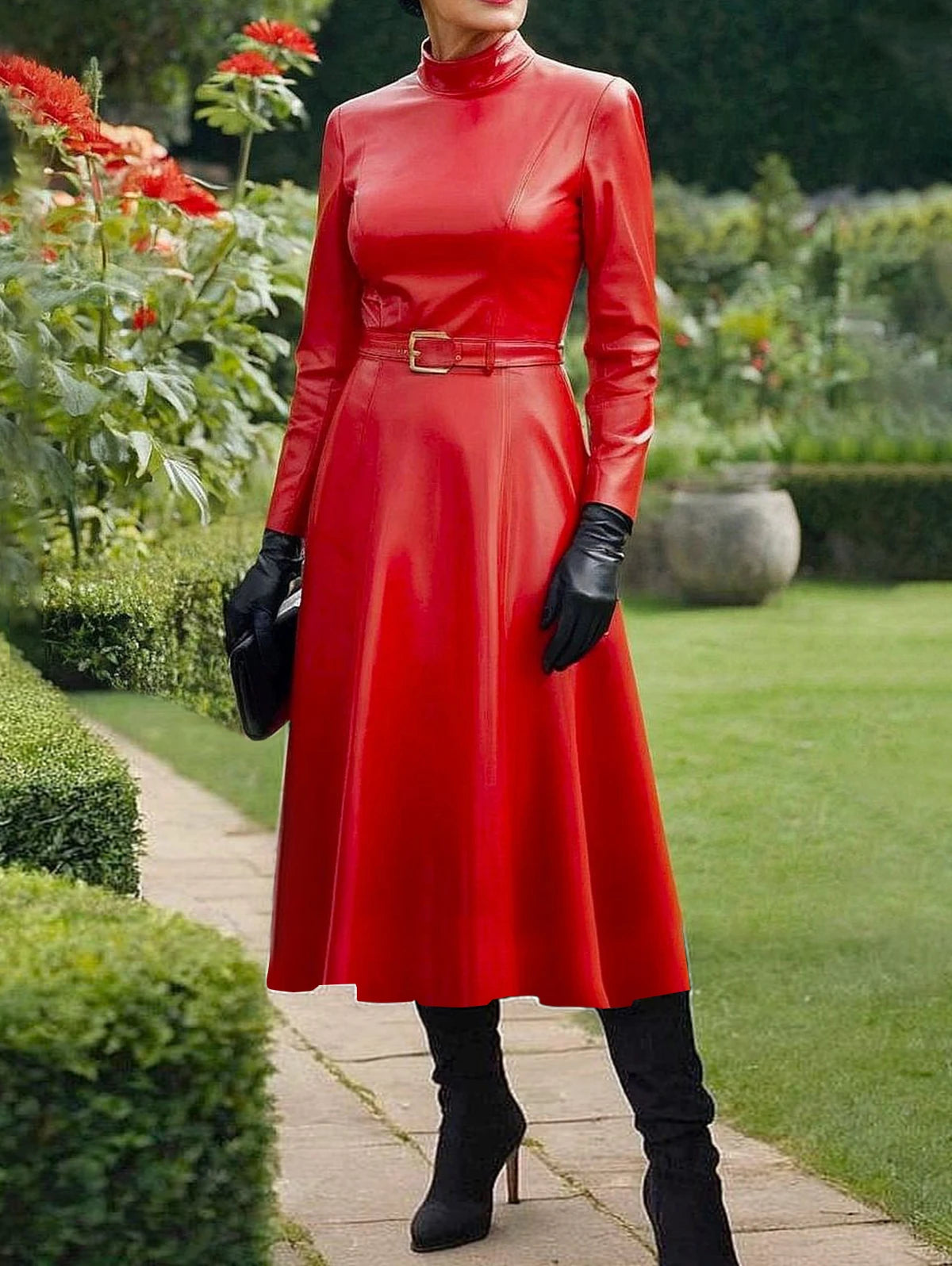 Women Fashion Belt PU Leather Dresses Mock Neck Long Sleeve Slim Fit PU Midi Dress Sexy Club Wear New Arrival Spring Autumn