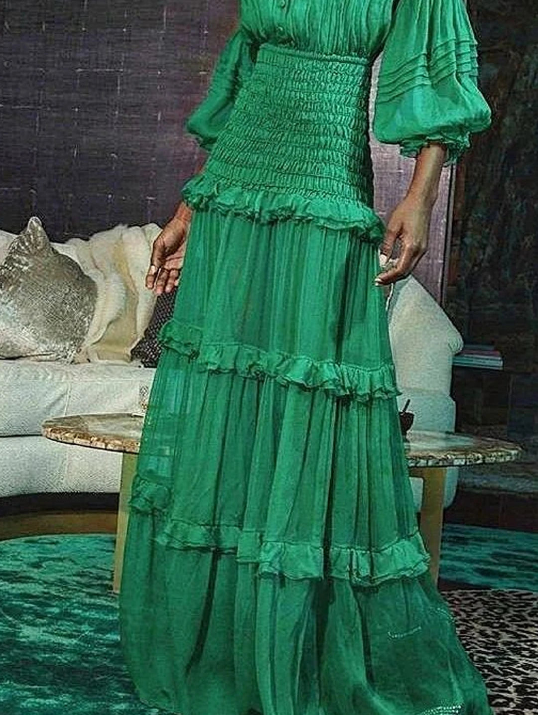 Elegant Long Dress Women Autumn Stand Collar Lantern Sleeve Dress Female Ruffle Tiered Maxi Dress Solid Color Vestidos Femmes
