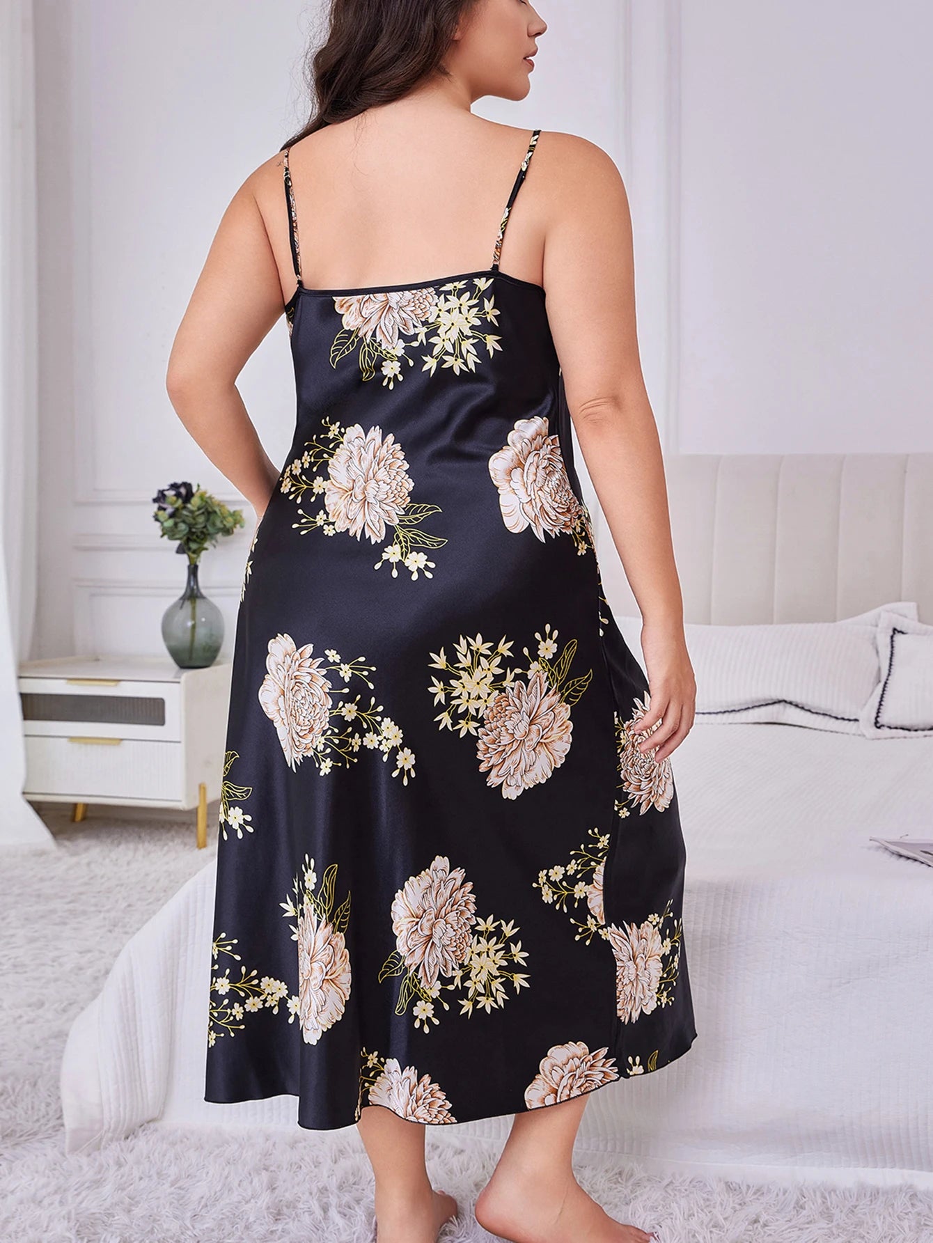 Plus Size Women's Silk Floral Print Nightgown Loose Long Homewear