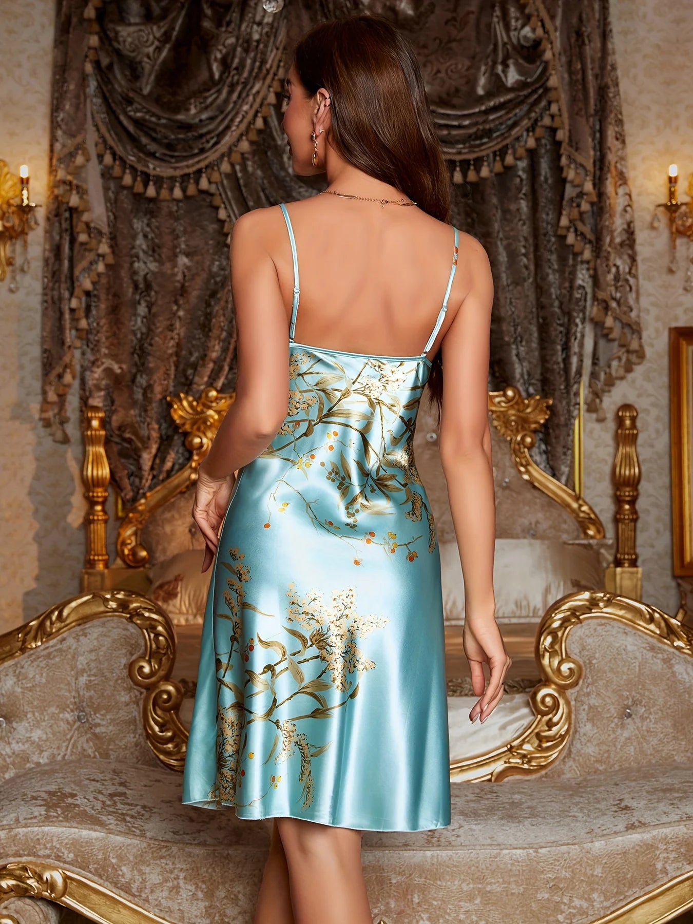 Silk Satin Floral Camisole Nightdress Draped Neck Sheer Slip Dress Wearable Loungewear for Home