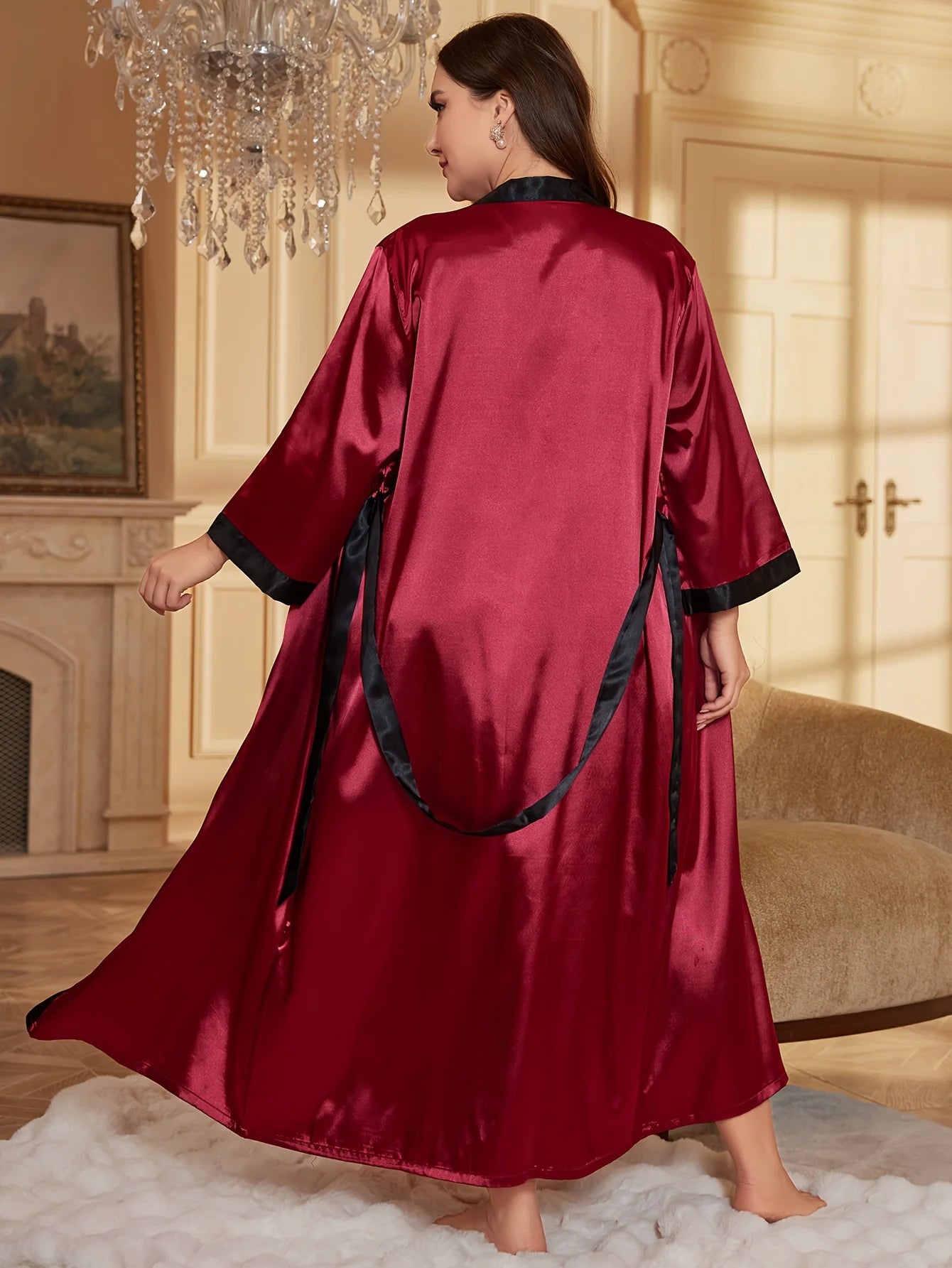 Plus Size Womens Long Silk Robe Belted V-Neck Elegant Loungewear All-Season Lightweight Sleepwear