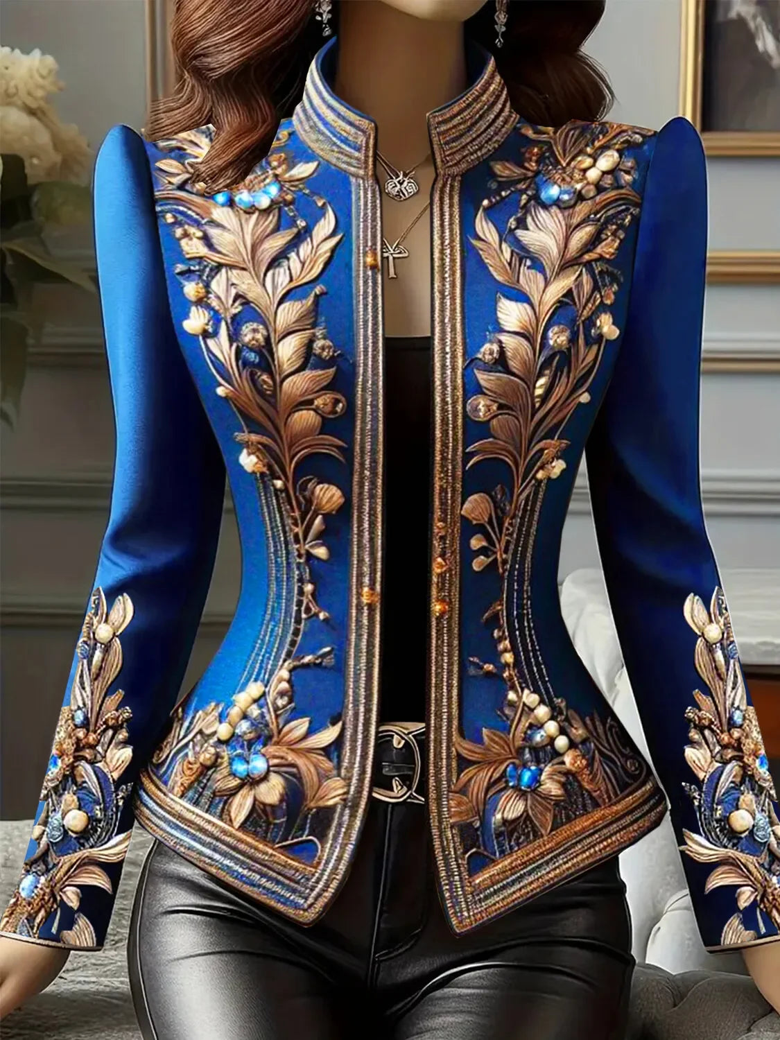 2025 Elegant Women's Floral Single Breasted Cardigan Jacket Slim Fit Long Sleeve Coat Stand Collar Vintage Suit Jacket