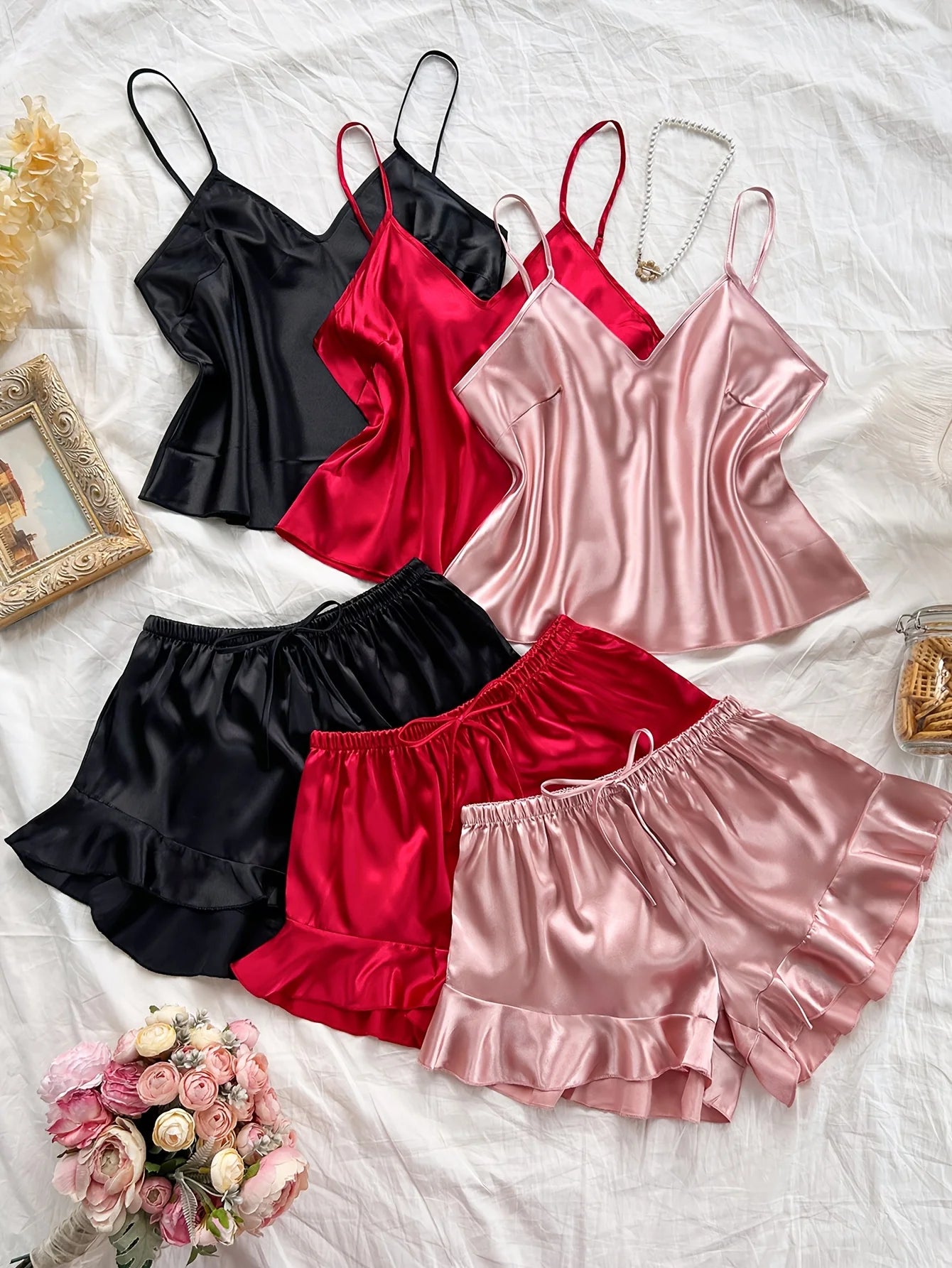 Three-Piece Women's Elegant Solid Color Sleeveless Top and Shorts Pajama Set Four Seasons Loungewear Sexy Sleeveless