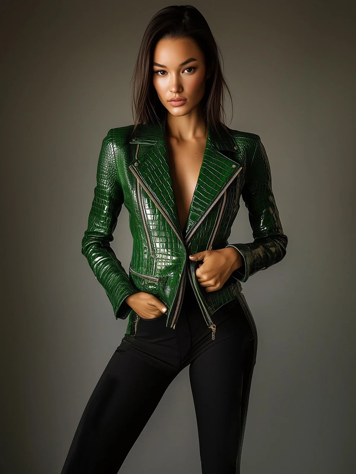 Women Fashion PU Leather Jacket with Alligator Pattern Lapel Collar Stylish Zipper Design Slim Fit Biker Coat for Casual Outwear