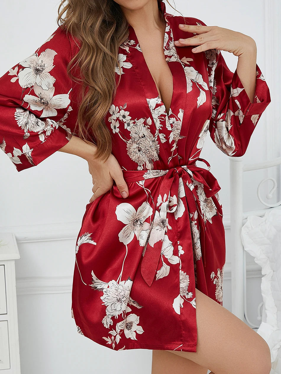 Gentle Floral Print Robe Women's Lightweight Loungewear Soft Comfortable Skin-Friendly Romantic Elegant Relaxed Homewear