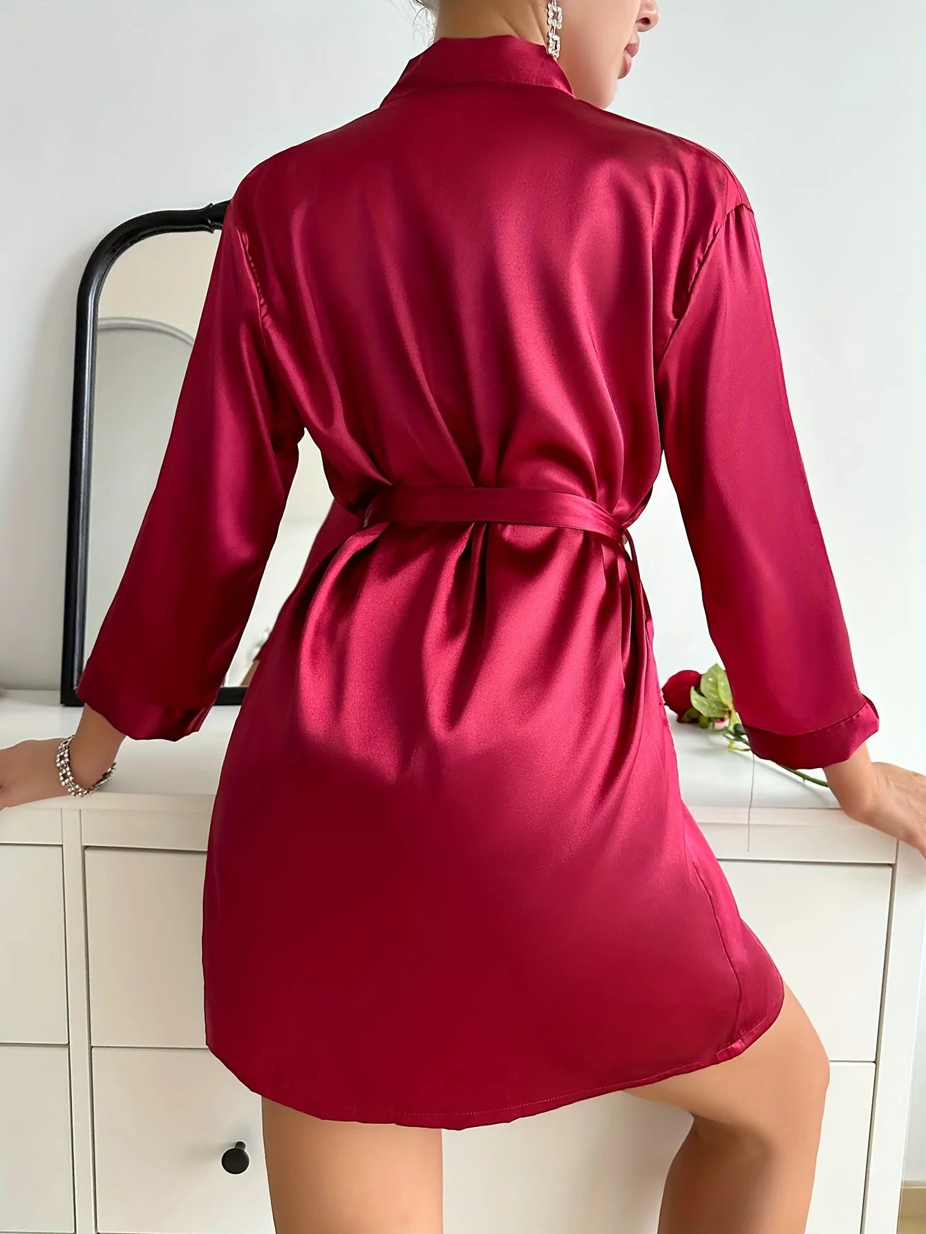 Women's 2-Piece Silky Lace Trim Open Back Camisole & Slit Lounge Set Breathable Sleepwear