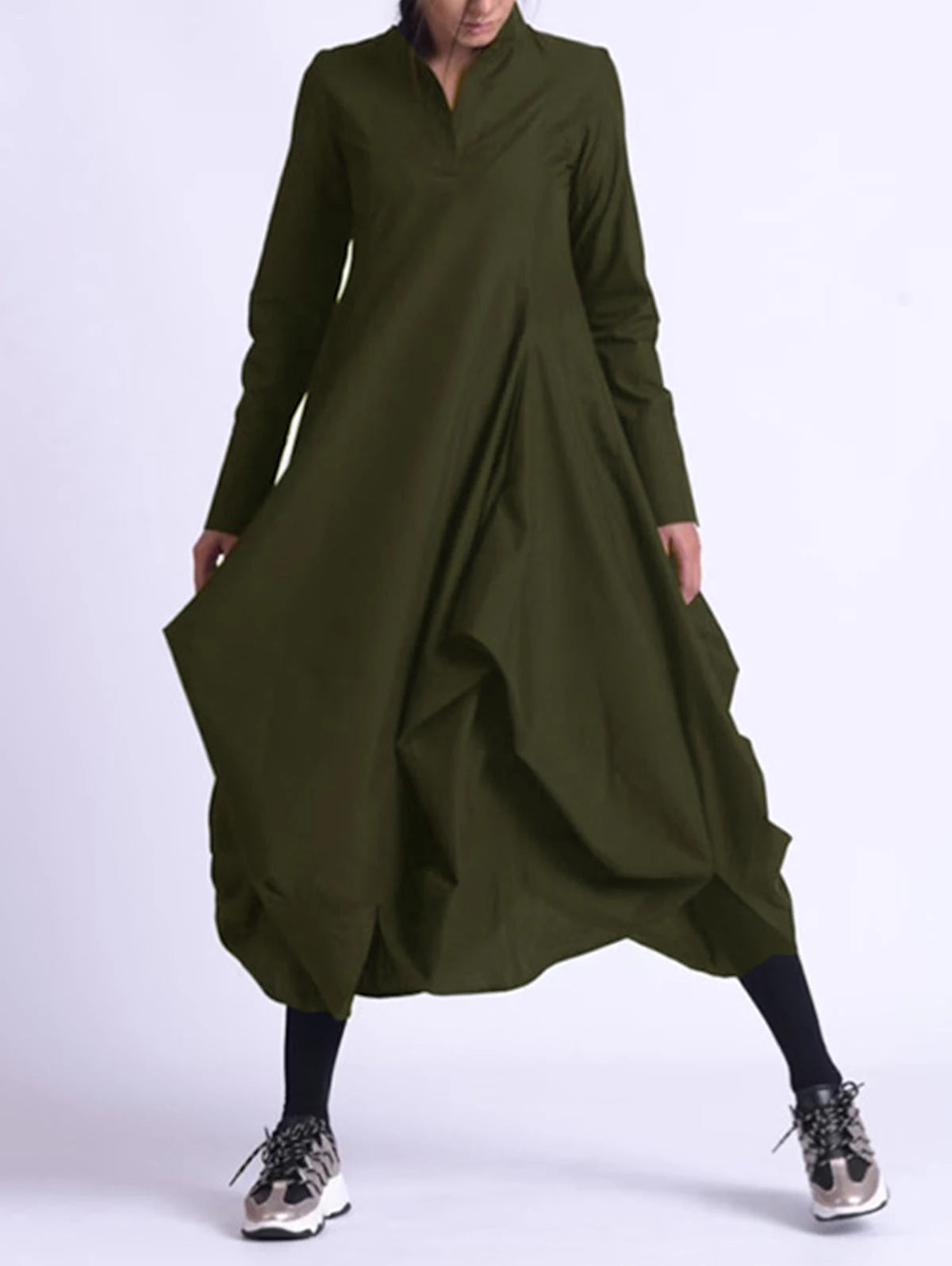Solid Color Stand Collar A-Line Midi Dress Chinese Style Vintage Long Sleeve Casual Elegant and Pretty Women's Dresses Vestidos