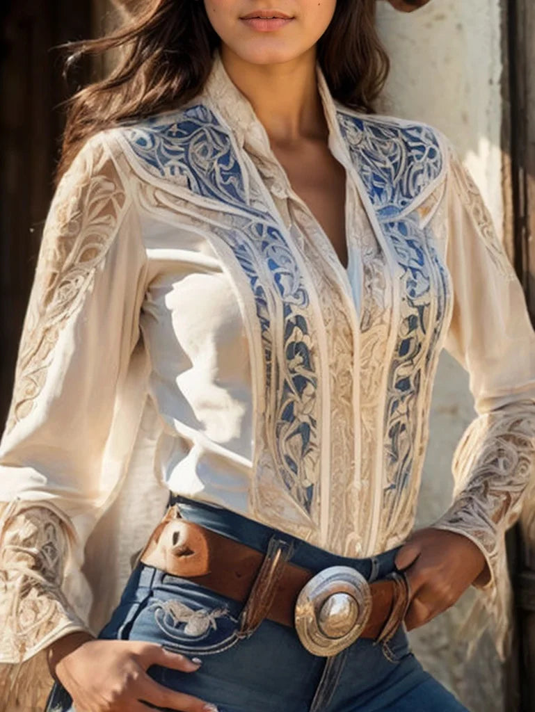 Elegant Women Tops Western Print Stand Collar Slim Waist Shirt Patchwork Hollow Out Fringed Flare Sleeve Design Vintage Blouse