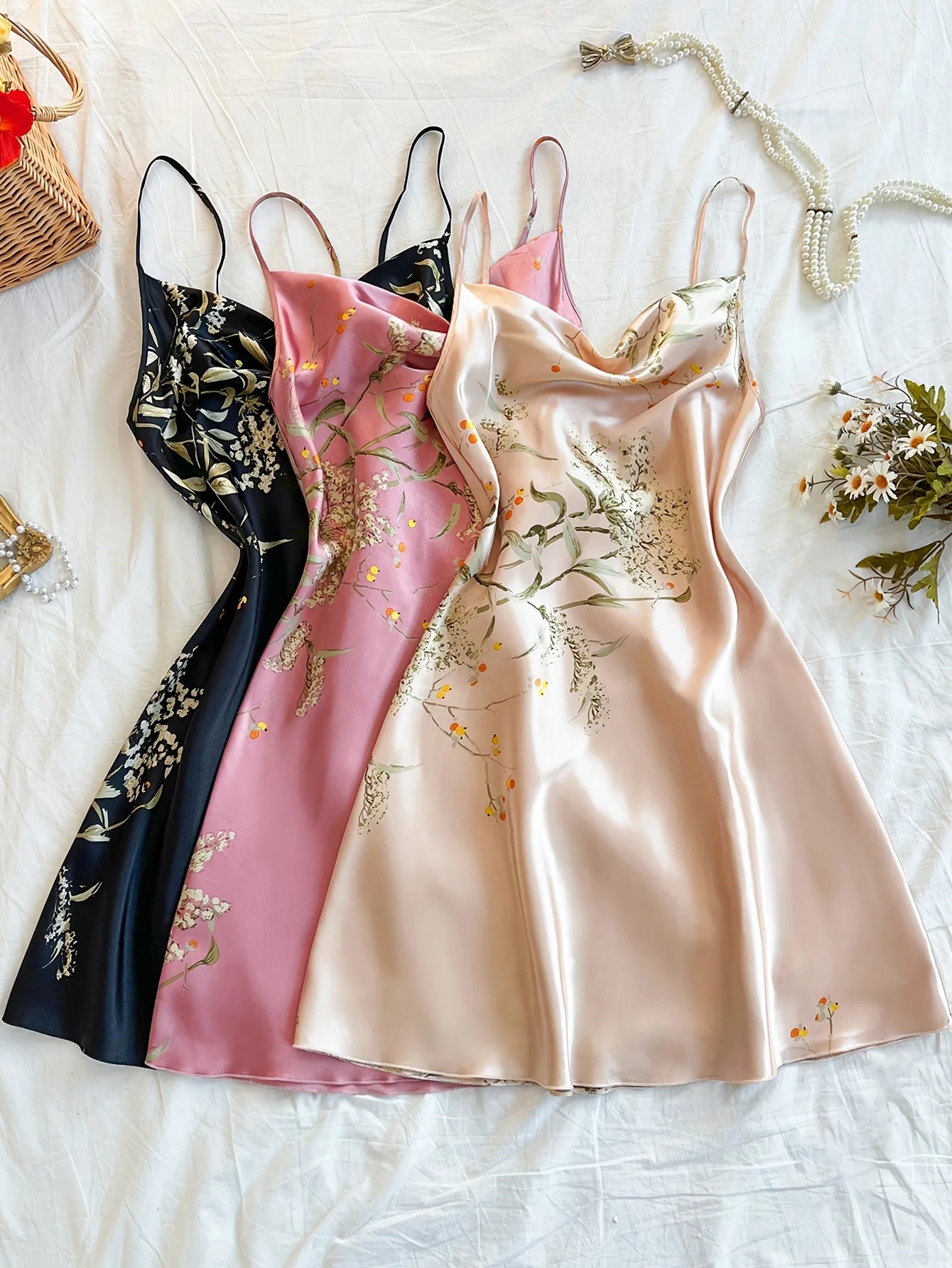 Three Piece Women's Elegant Printed Camisole Pajama Set Adjustable Spaghetti Strap Sexy Sleepwear for All Seasons Home Dress
