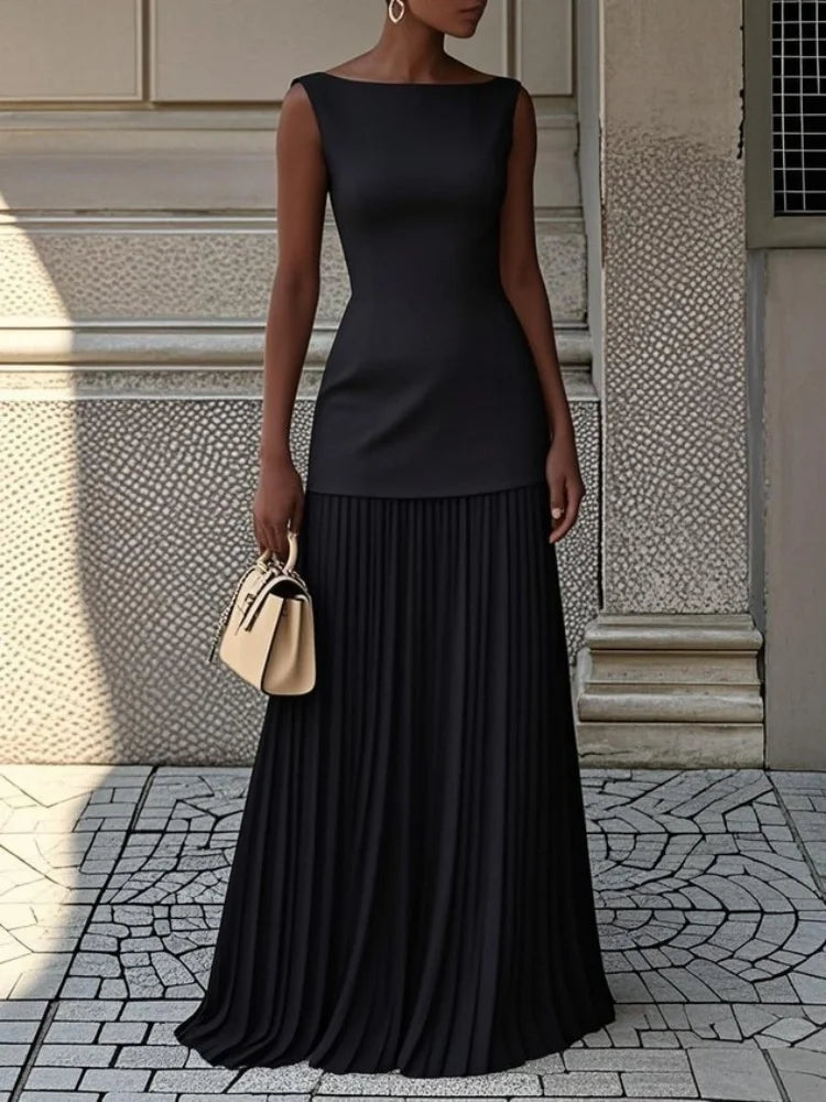 Women Elegant Solid Splice Pleated Skirts Set Sexy Slash Neck Sleeveless Tank Boho Dress Summer Hollow Slim Maxi Skirts