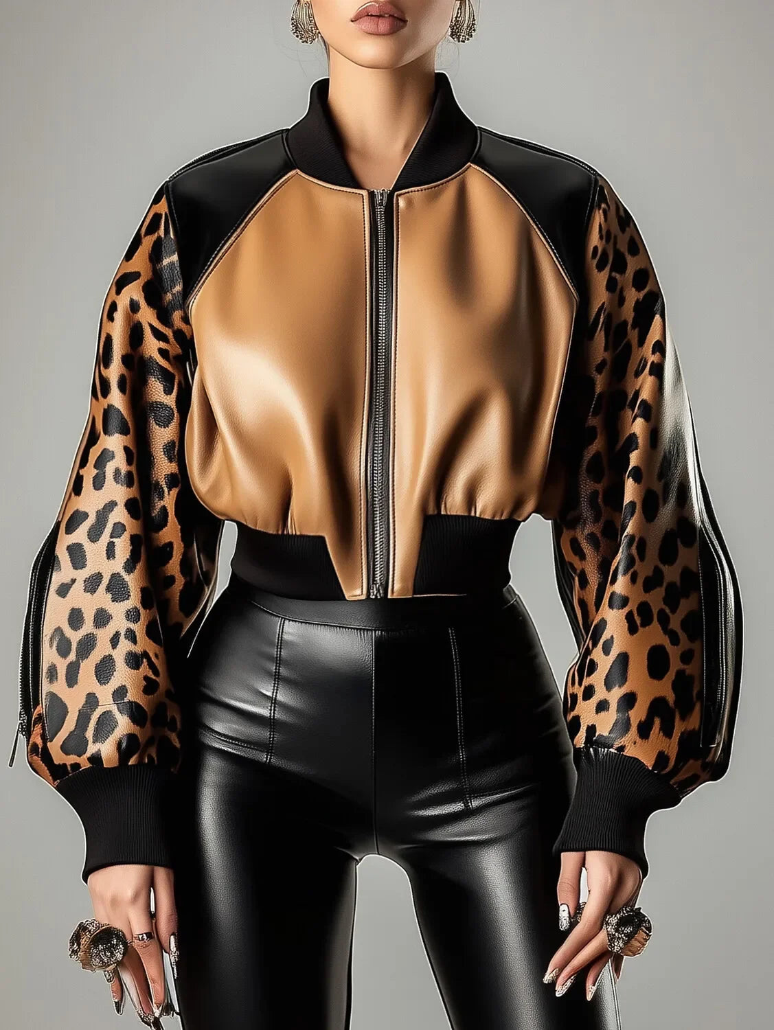 Women's PU Leather Jacket Leopard Print Patchwork Lantern Sleeve Coat Zippers Female Spring Autumn O Neck Short Baseball Jacket