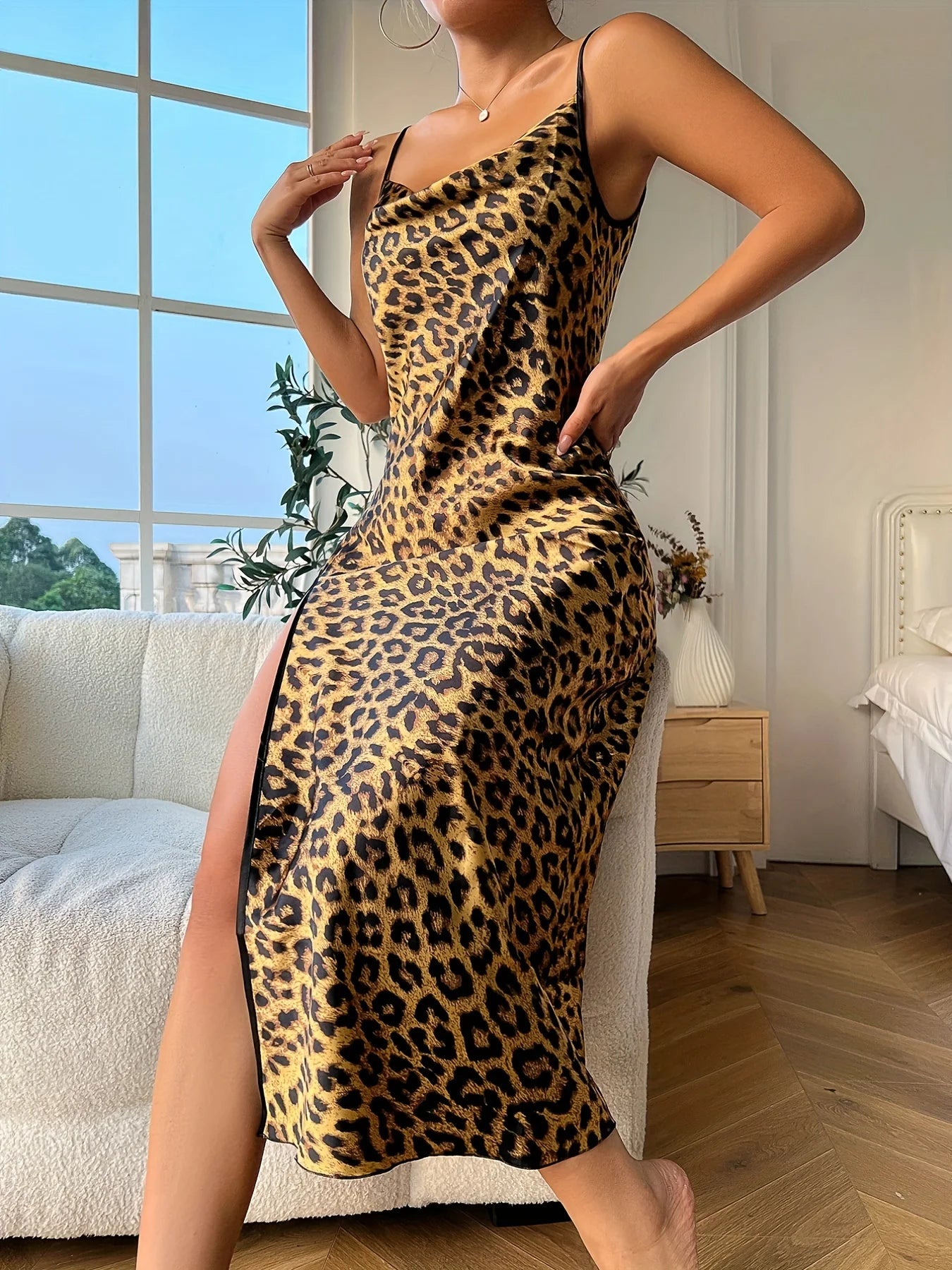 Women's Leopard Print Satin Chemise 1-Pc Sexy Strappy Slit Vibrant Premium