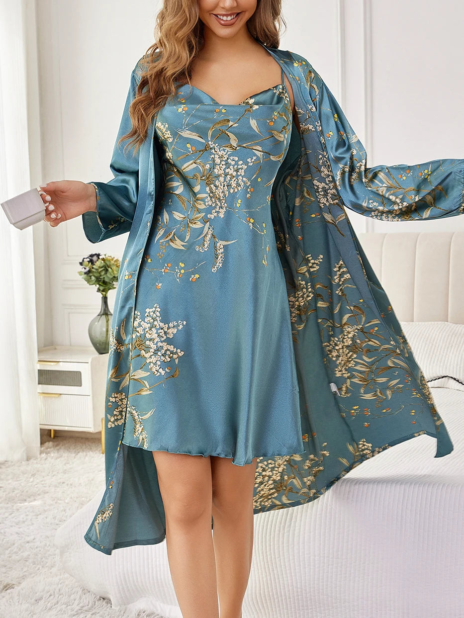 ‌ Silk Satin Floral Loungewear Set Belted Robe Camisole Nightdress Two-Piece Elegant Sleepwear All Seasons