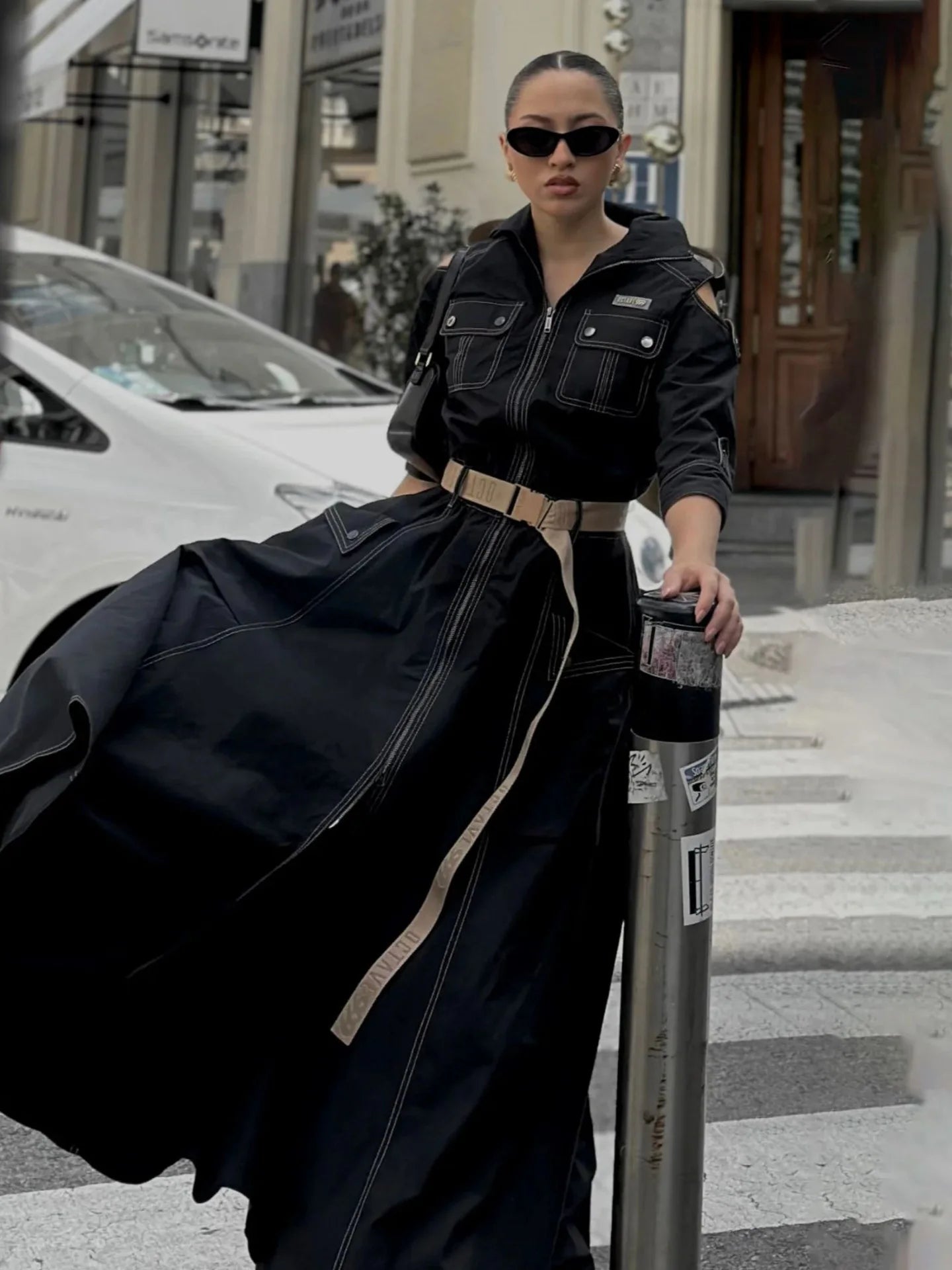 Summer Dress for Women 2024 Retro Turn-down Collar Cold Shoulder Half Sleeve Zipper Belt Pockets Split High Waist Maxi Dresses