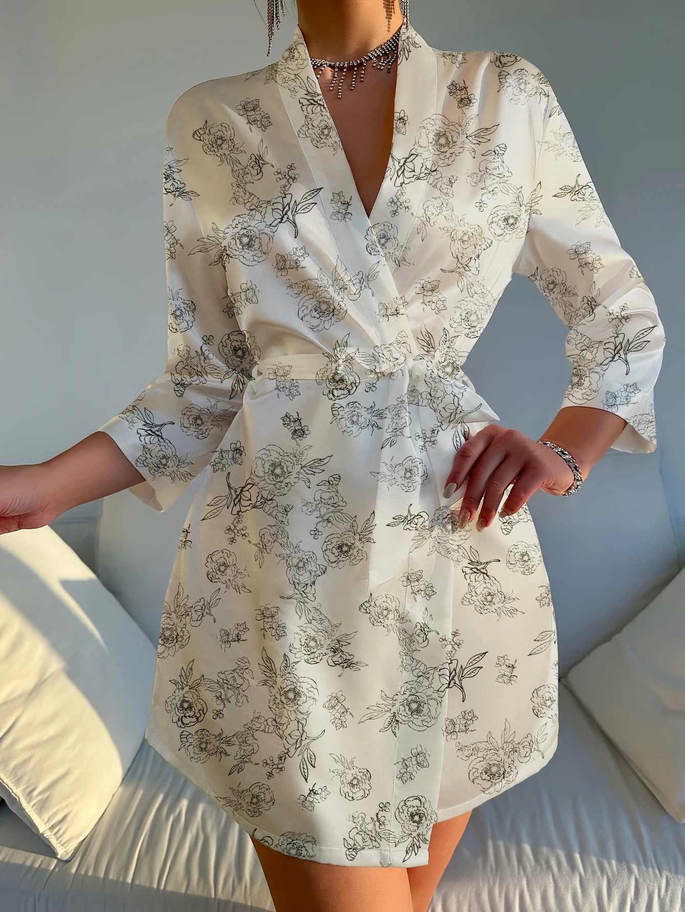Silk Satin Floral Robe Belted Short Sheer Loungewear Lightweight Bathrobe for Home