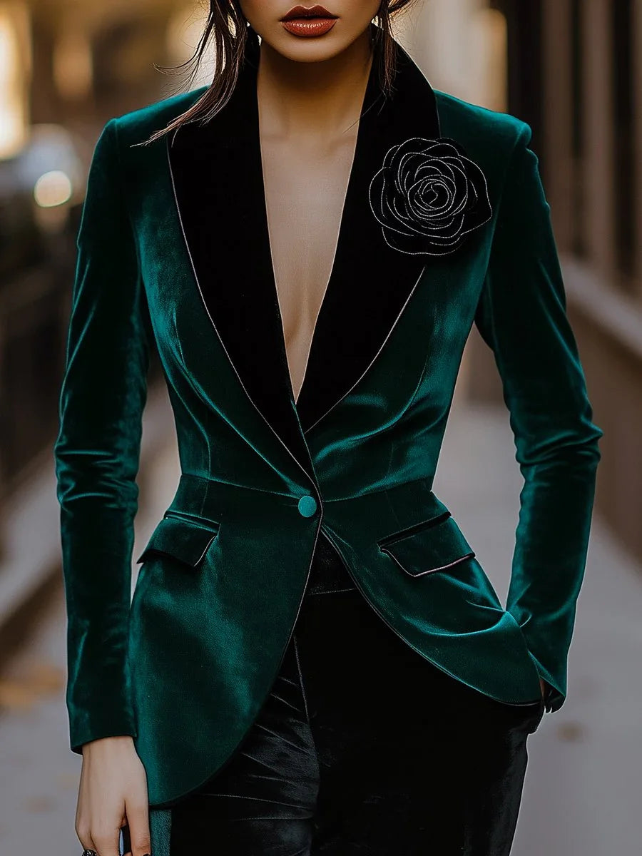 Luxury Green Velvet Blazer for Women Single Breasted 3D Rose Flower Female Blazer Jacket Slim Fit Office Lady Outerwear Coat