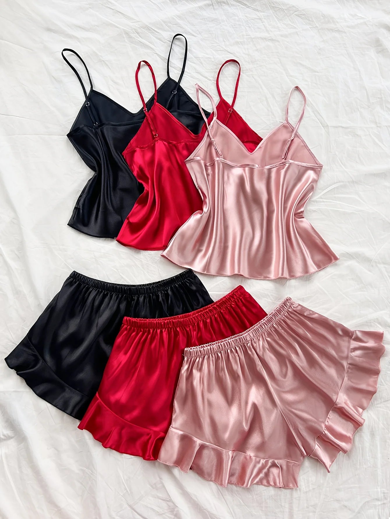 Three-Piece Women's Elegant Solid Color Sleeveless Top and Shorts Pajama Set Four Seasons Loungewear Sexy Sleeveless