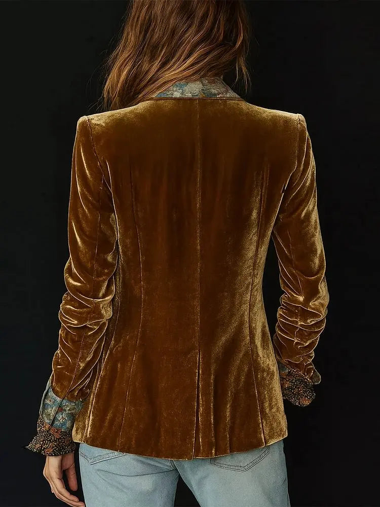 Vintage Slim Fit Velvet Suit Jacket Outerwear Autumn Winter Elegant Floral Pattern Lapel Collar Button Blazers Coat For Women