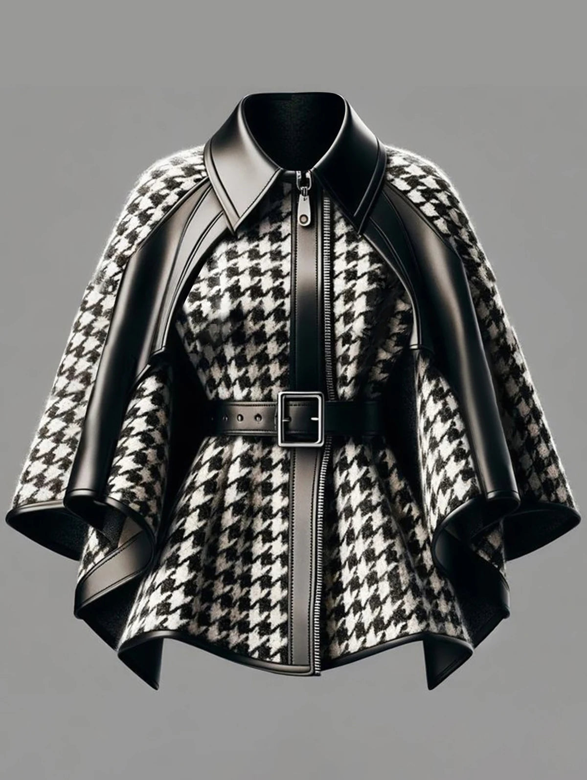Houndstooth Pattern Women'S Jacket Asymmetrical Cape Sleeves Fashionable Harajuku Street Style Zipper Loose Jacket