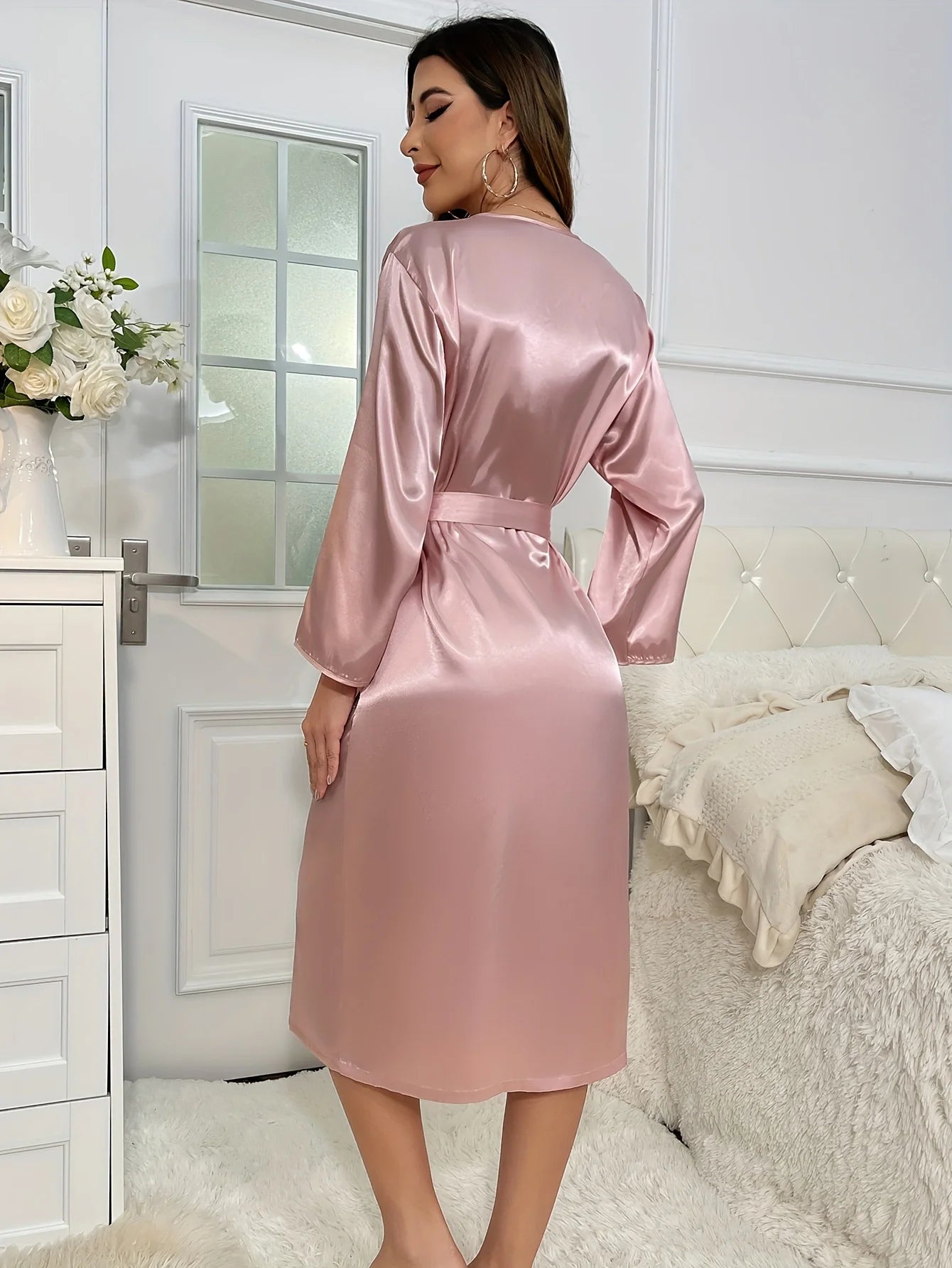 Women's Satin Silk Belted Robe Soft Lounge Homewear