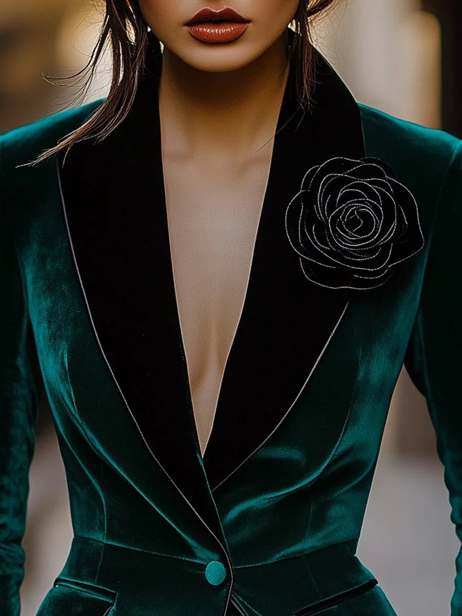 Luxury Green Velvet Blazer for Women Single Breasted 3D Rose Flower Female Blazer Jacket Slim Fit Office Lady Outerwear Coat