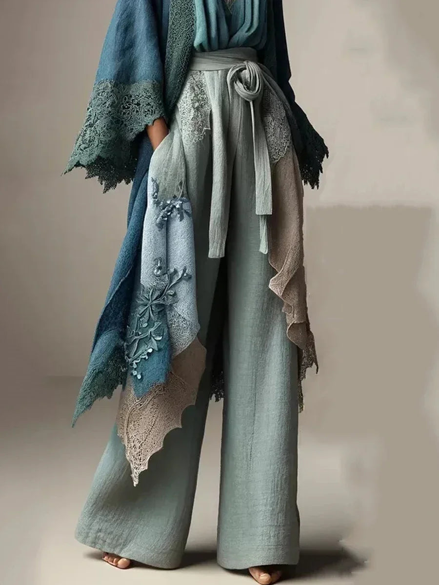 Fashionable Women's Trousers High Waist Solid Color Patchwork Overlay Lace-up Decoration Casual Loose Women's Wide Leg Pants