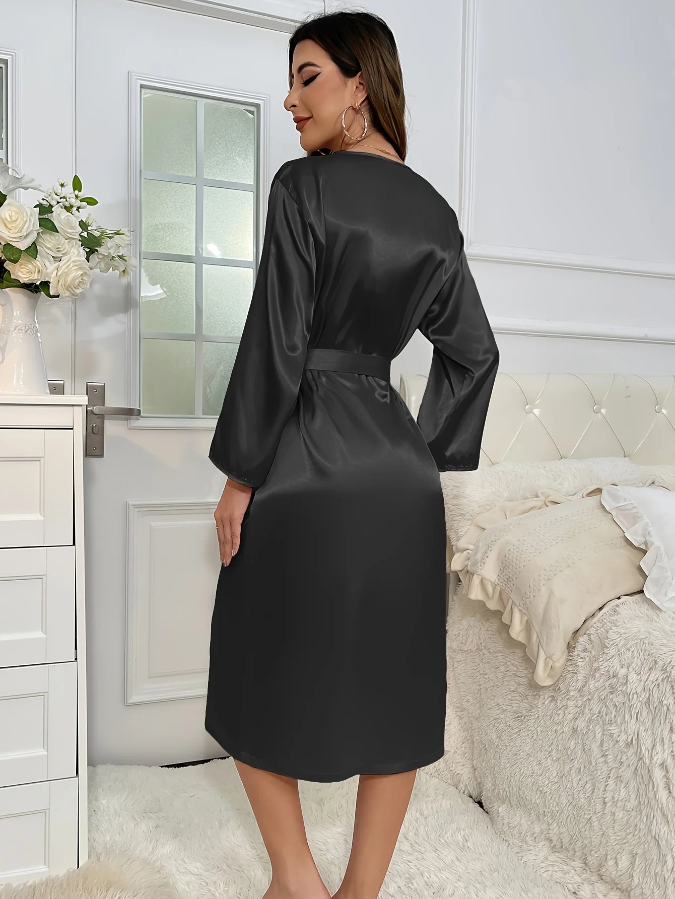 Women's Satin Silk Belted Robe Soft Lounge Homewear