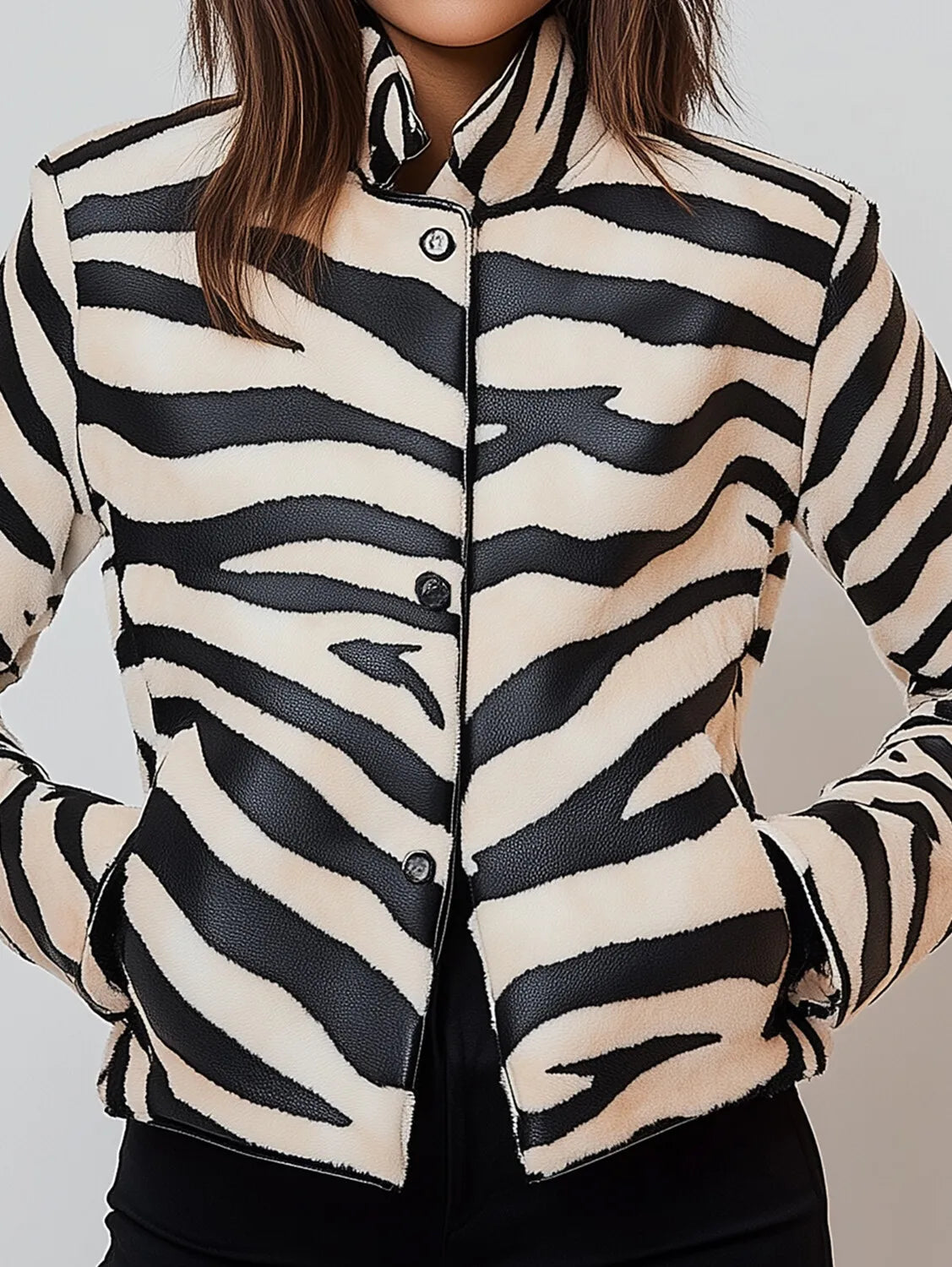 Women PU Leather Jacket Elegant Spring Autumn Zebra Stripes Stand Collar Button Pocket Jackets Cardigans Retro Coat Outwear Tops