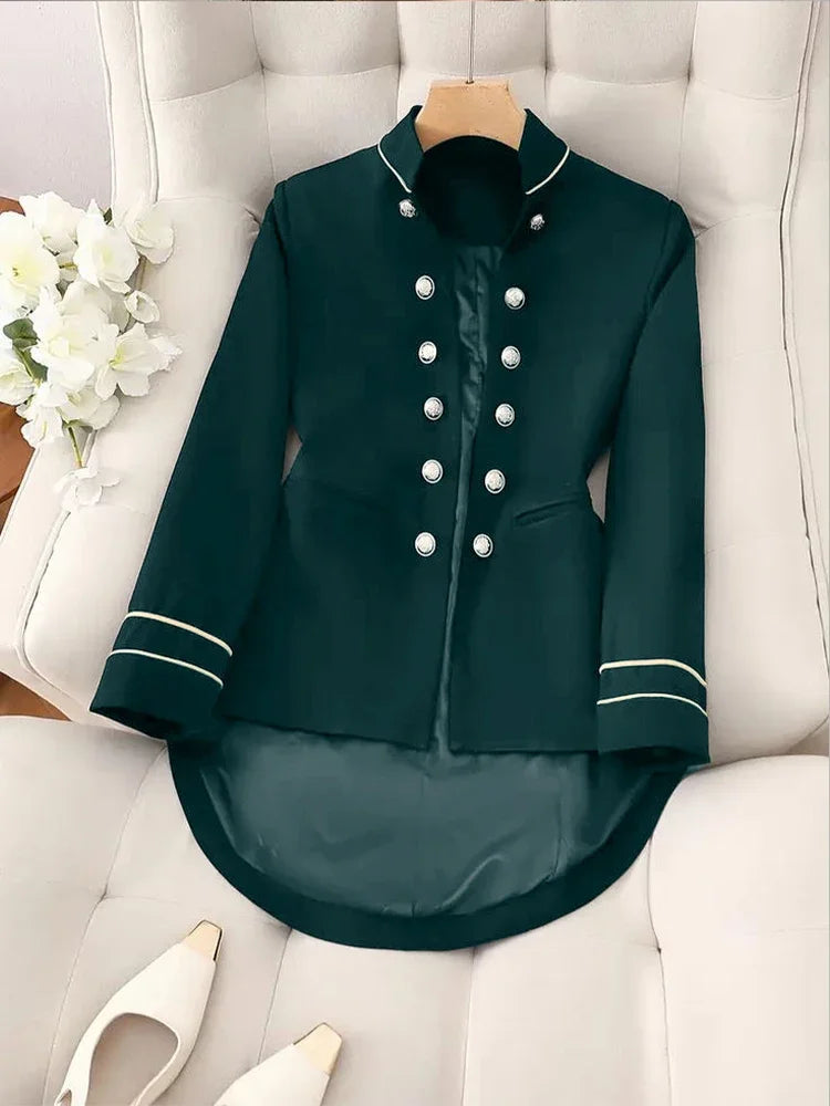 Elegant Tailed Blazers Coat For Women 2025 Tops Chic Stand Collar Long Sleeve Jacket Outerwear Office Lady Spring Autumn Fashion